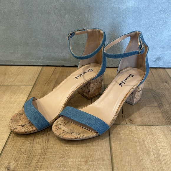Bonnibel Block Heels Blue Denim Brown Cork Wood Gold Buckle - Picture 1 of 4